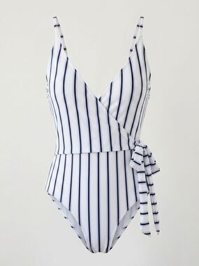 Cupshe White and Navy Vertical Stripe One-Piece with Side Tie Lg
